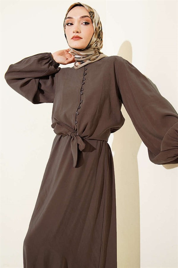 British Buttoned Blouse and Skirt Modal 2 Piece Set, Mink