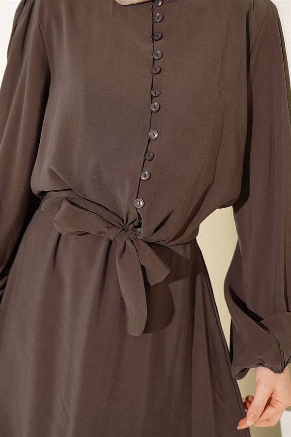 British Buttoned Blouse and Skirt Modal 2 Piece Set, Mink