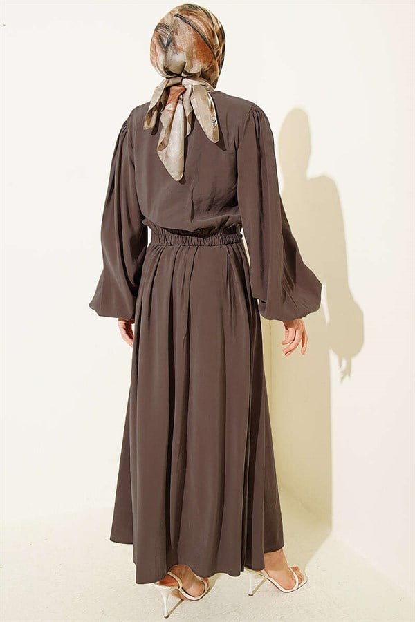 British Buttoned Blouse and Skirt Modal 2 Piece Set, Mink