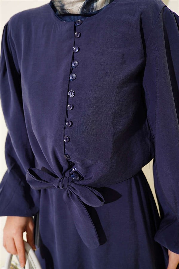 British Buttoned Blouse and Skirt Modal 2 Piece Set, Navy Blue