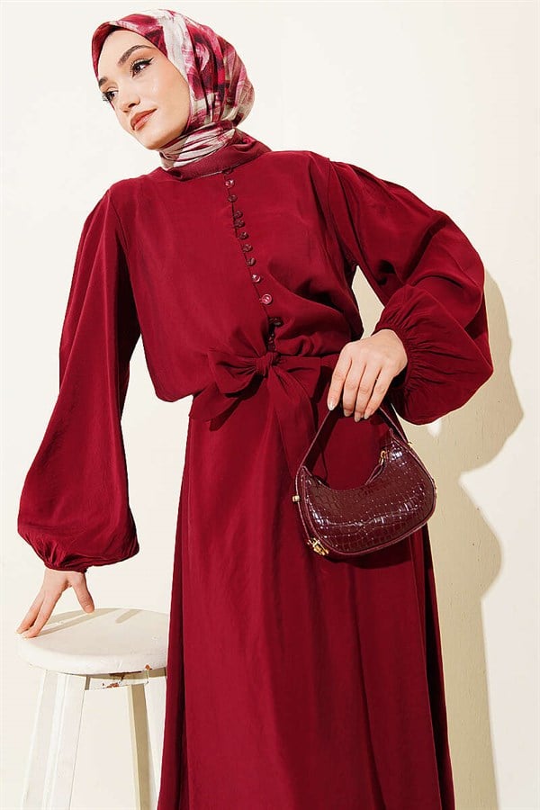 British Buttoned Blouse and Skirt Modal 2 Piece Set, Burgundy