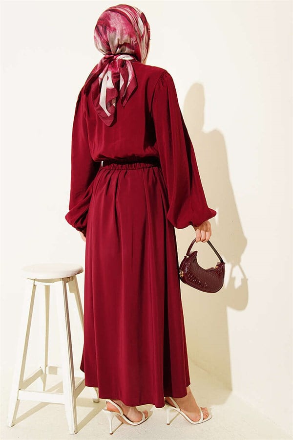 British Buttoned Blouse and Skirt Modal 2 Piece Set, Burgundy