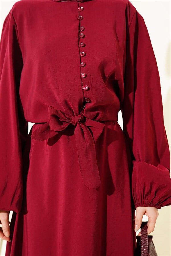 British Buttoned Blouse and Skirt Modal 2 Piece Set, Burgundy