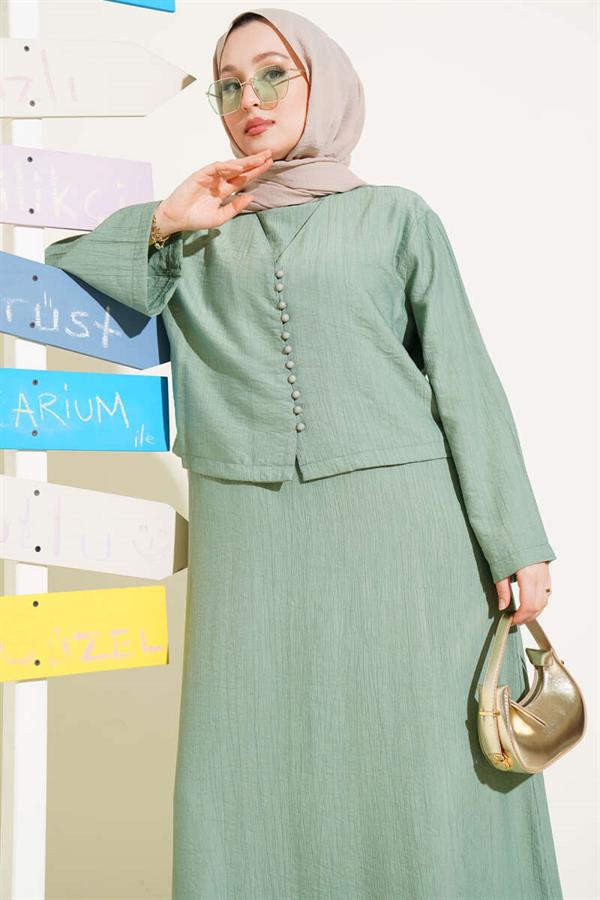 Brit Buttoned Blouse Vest 2 Piece Set 2 Piece Set Almond Green