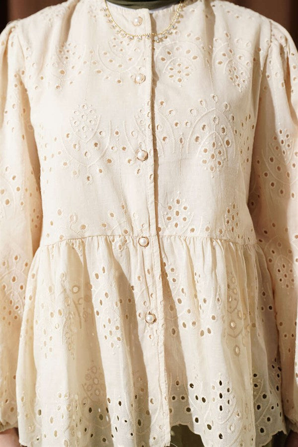 British Buttoned Embroidered Shirt Beige