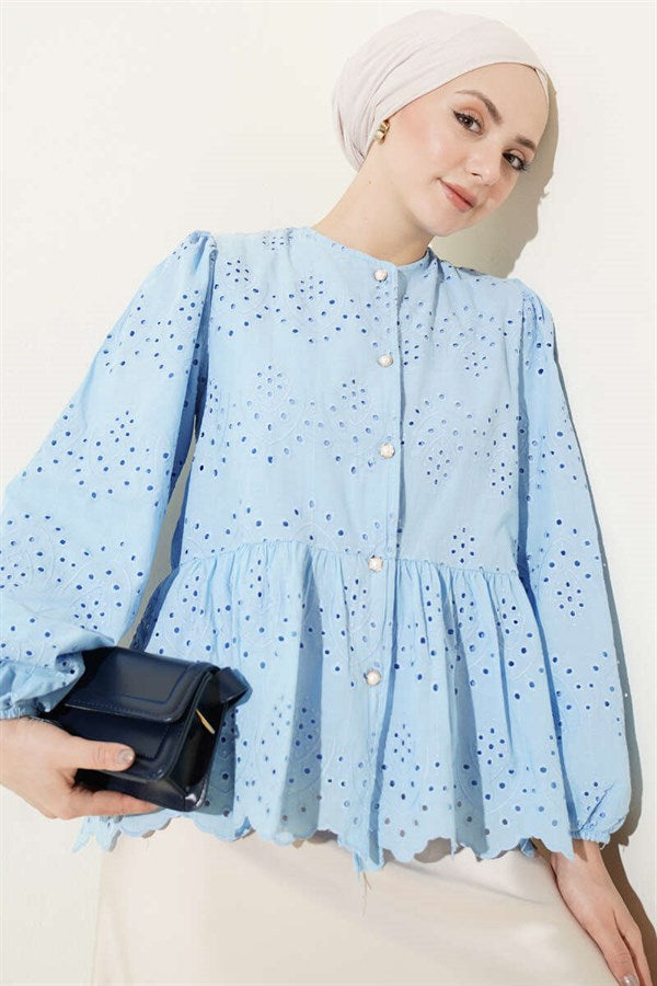 British Buttoned Embroidered Shirt Blue