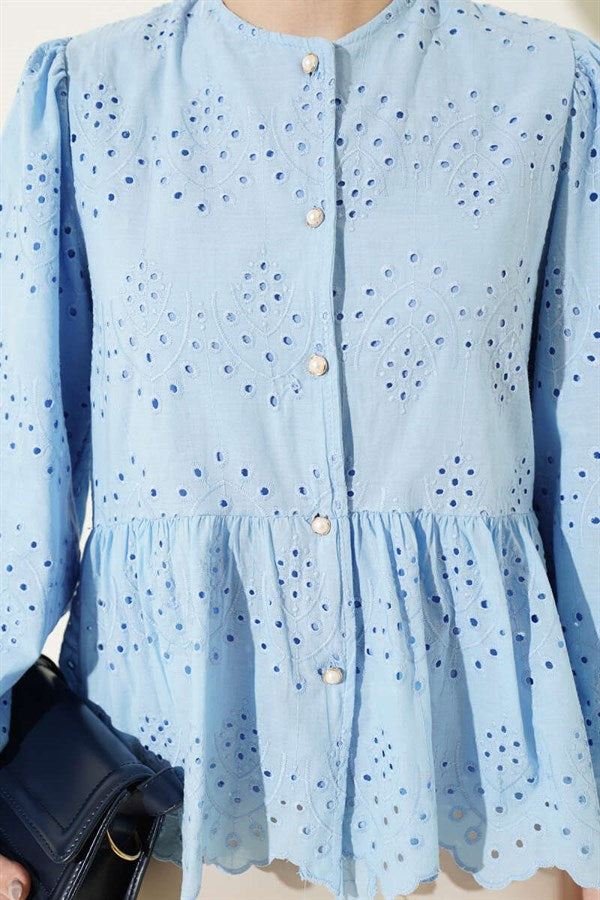 British Buttoned Embroidered Shirt Blue