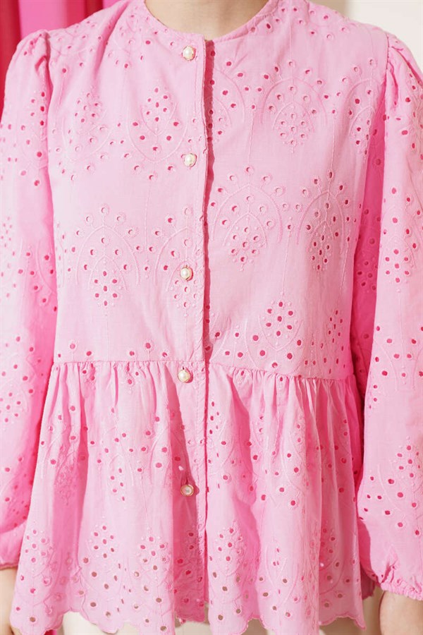 British Buttoned Embroidered Shirt Pink