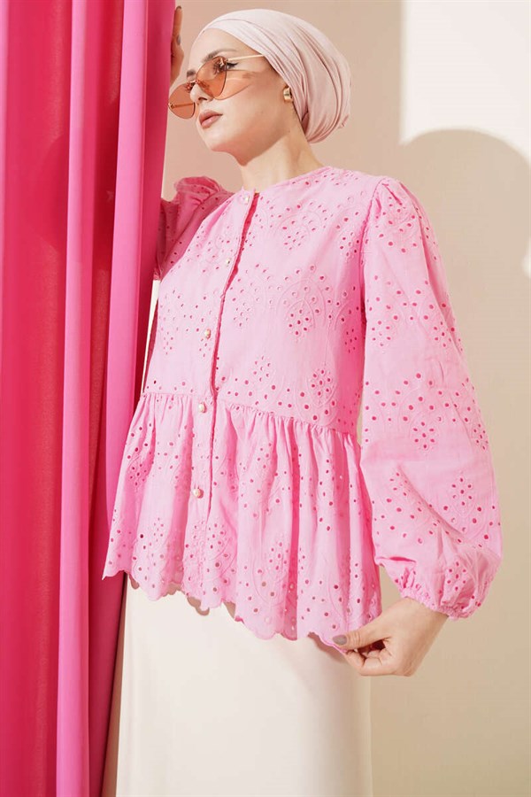 British Buttoned Embroidered Shirt Pink