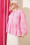 British Buttoned Embroidered Shirt Pink