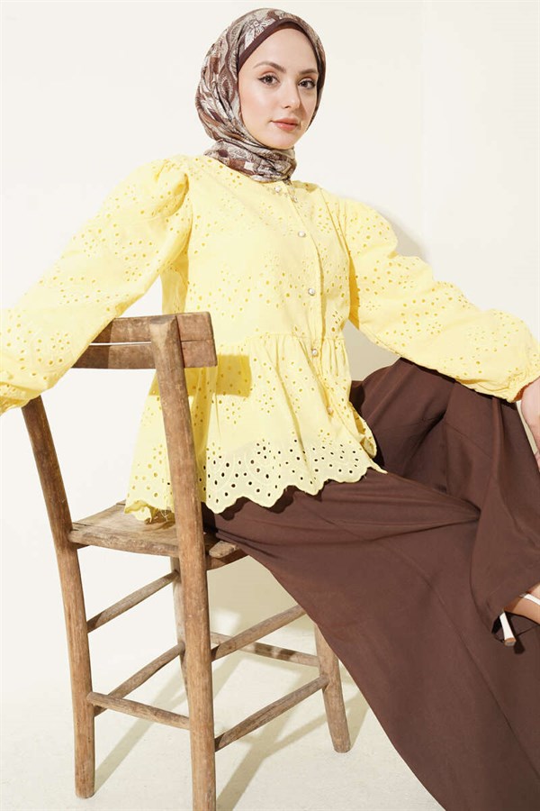 British Buttoned Embroidered Shirt Yellow