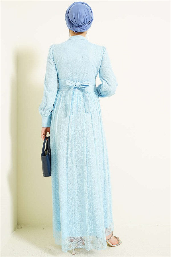 British Buttoned Lace Evening Dress, Baby Blue