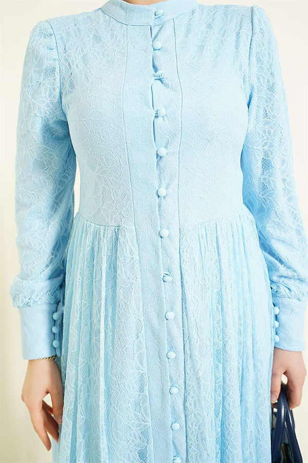 British Buttoned Lace Evening Dress, Baby Blue