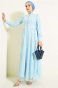 British Buttoned Lace Evening Dress, Baby Blue