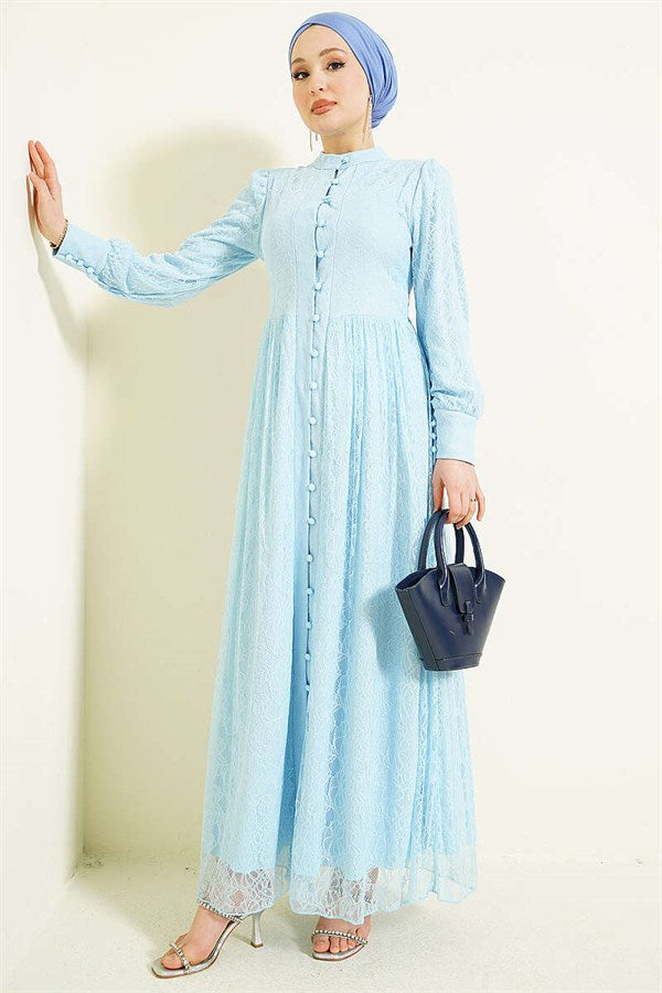 British Buttoned Lace Evening Dress, Baby Blue