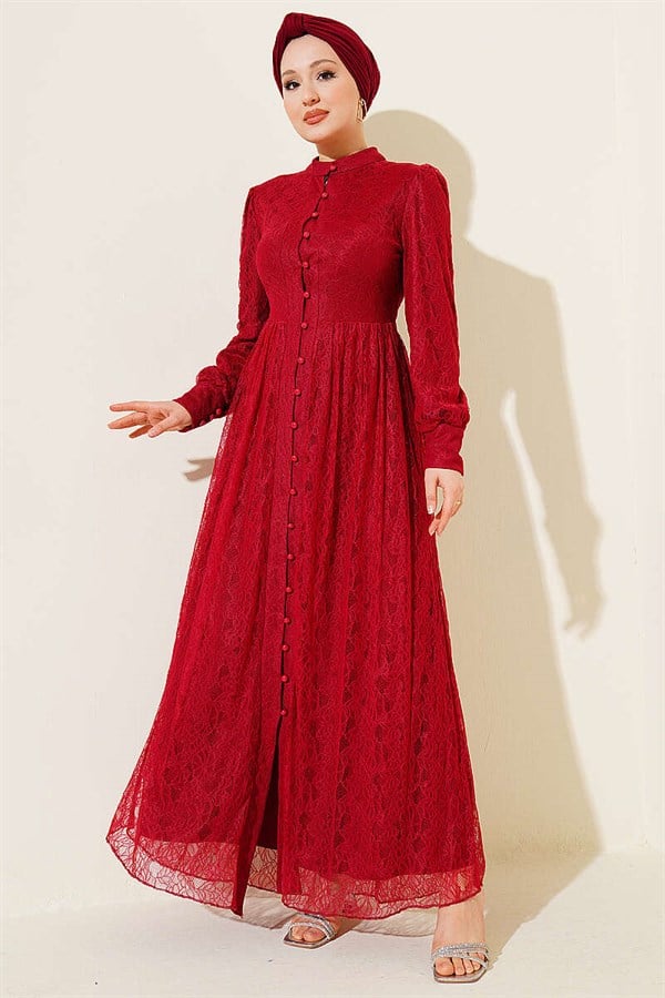 British Buttoned Lace Evening Dress Burgundy