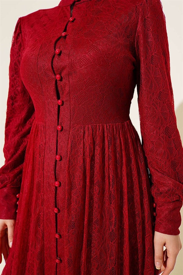 British Buttoned Lace Evening Dress Burgundy