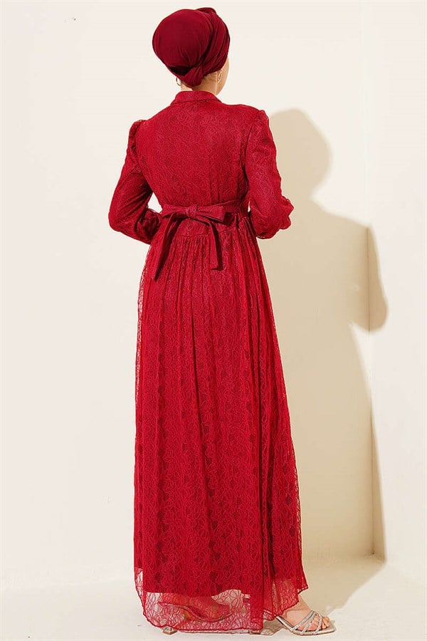 British Buttoned Lace Evening Dress Burgundy