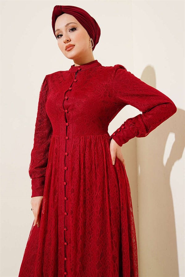British Buttoned Lace Evening Dress Burgundy