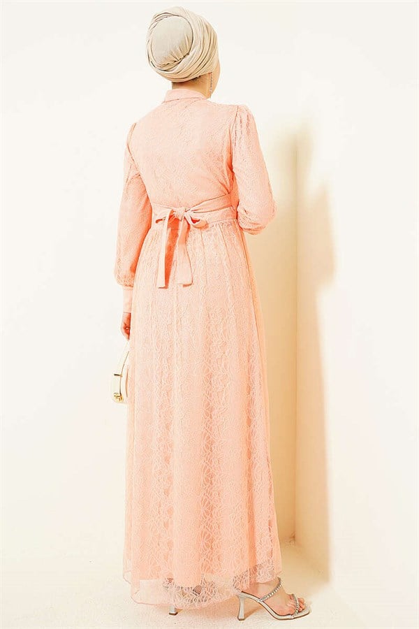 British Buttoned Lace Evening Dress, Baby Pink