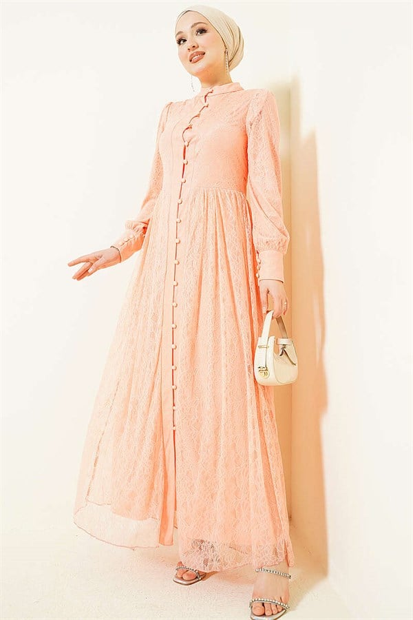 British Buttoned Lace Evening Dress, Baby Pink