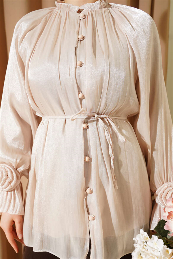 British Buttoned Evening Shirt with Rose Detail, Beige