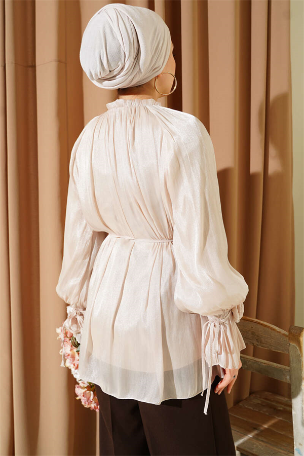 British Buttoned Evening Shirt with Rose Detail, Beige