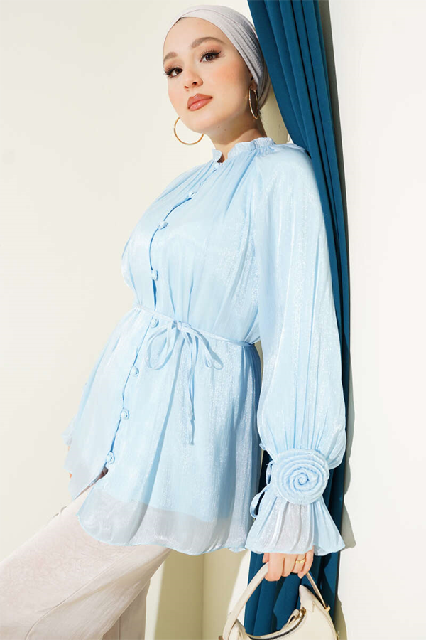 British Buttoned Evening Shirt with Rose Detail, Ice Blue