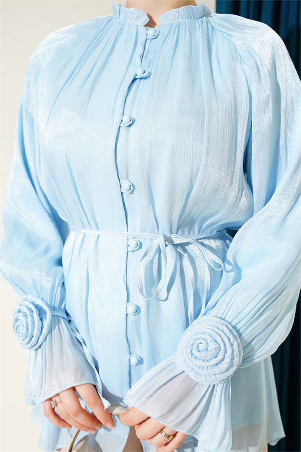 British Buttoned Evening Shirt with Rose Detail, Ice Blue