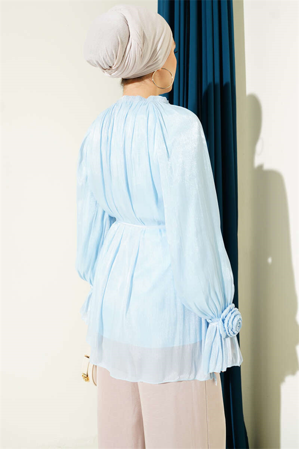 British Buttoned Evening Shirt with Rose Detail, Ice Blue