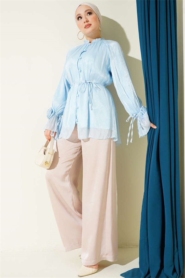 British Buttoned Evening Shirt with Rose Detail, Ice Blue
