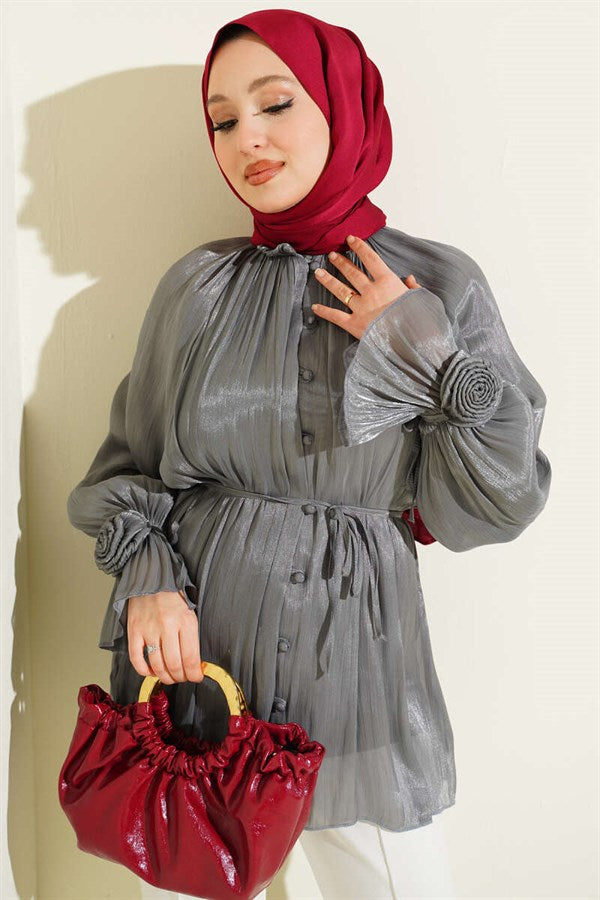 British Buttoned Evening Shirt with Rose Detail, Smoke Grey