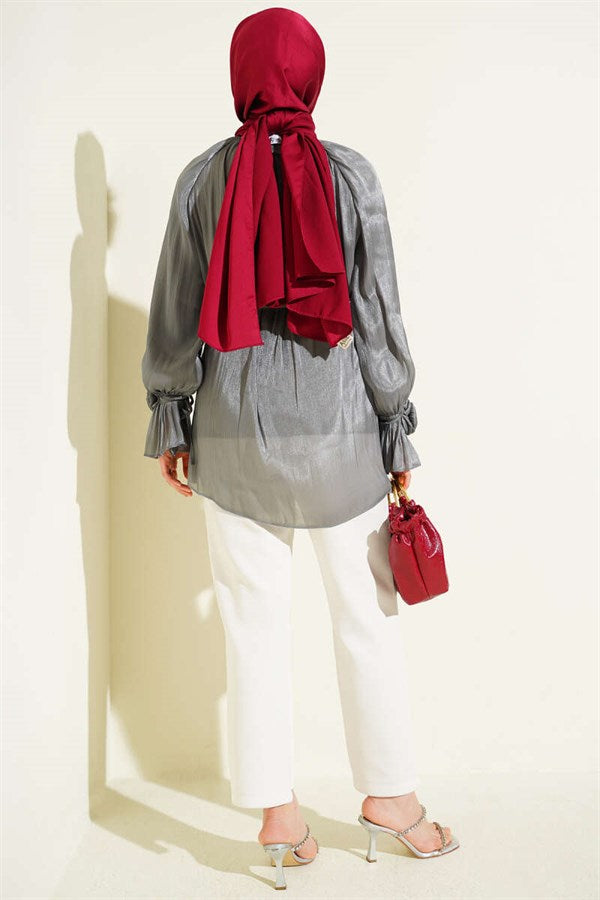 British Buttoned Evening Shirt with Rose Detail, Smoke Grey