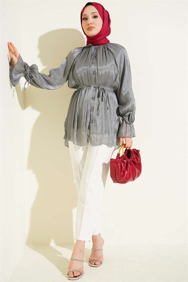 British Buttoned Evening Shirt with Rose Detail, Smoke Grey