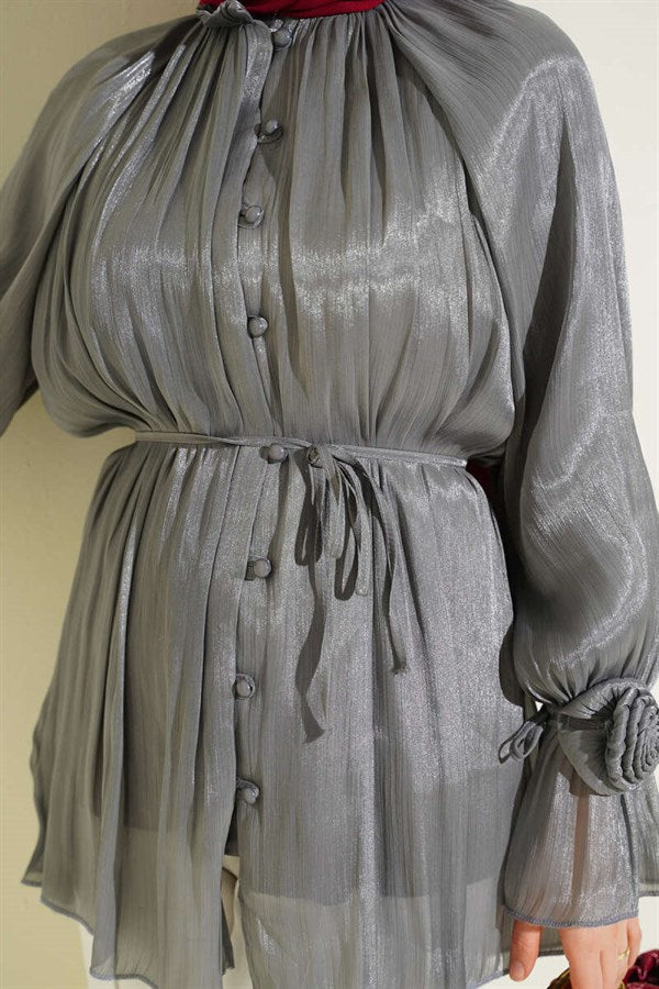 British Buttoned Evening Shirt with Rose Detail, Smoke Grey