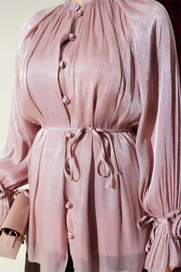 British Buttoned Evening Shirt with Rose Detail, Powder Pink