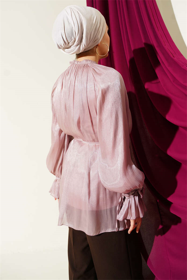 British Buttoned Evening Shirt with Rose Detail, Powder Pink
