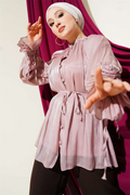 British Buttoned Evening Shirt with Rose Detail, Powder Pink