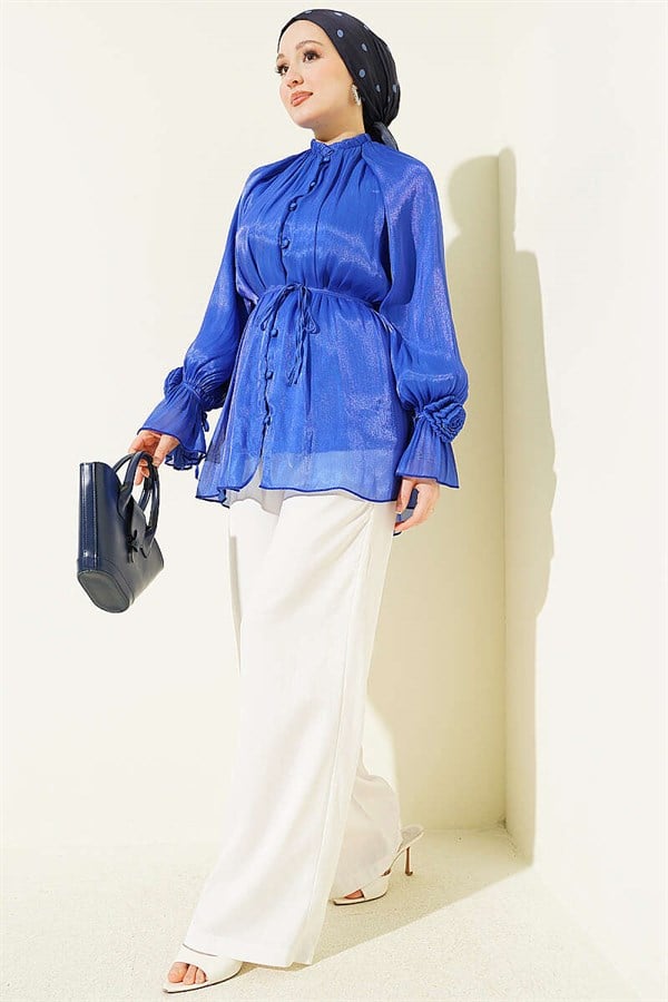 British Buttoned Evening Shirt with Rose Detail, Navy Blue