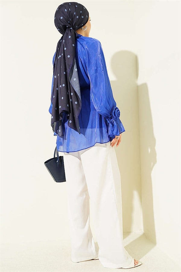 British Buttoned Evening Shirt with Rose Detail, Navy Blue