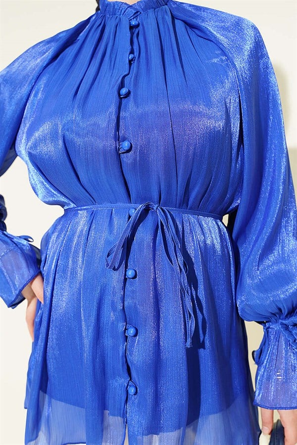 British Buttoned Evening Shirt with Rose Detail, Navy Blue