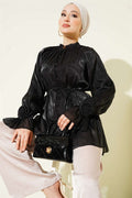 British Buttoned Evening Shirt with Rose Detail, Black
