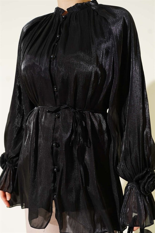 British Buttoned Evening Shirt with Rose Detail, Black