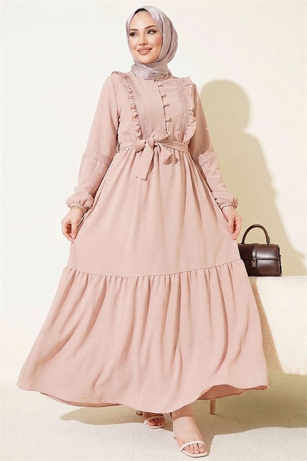 Brit Buttoned Guipure Detailed Dress Beige