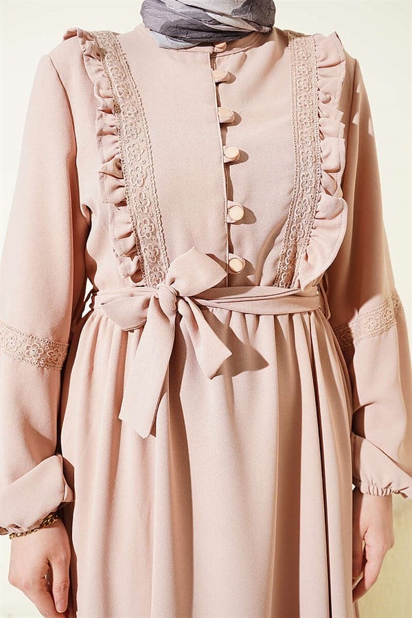 Brit Buttoned Guipure Detailed Dress Beige