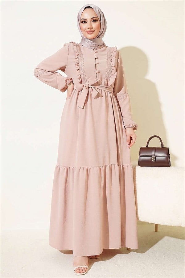 Brit Buttoned Guipure Detailed Dress Beige