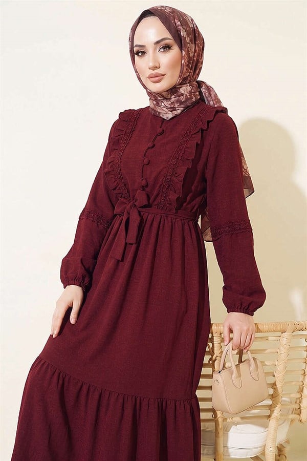 British Buttoned Lace Detail Dress Burgundy