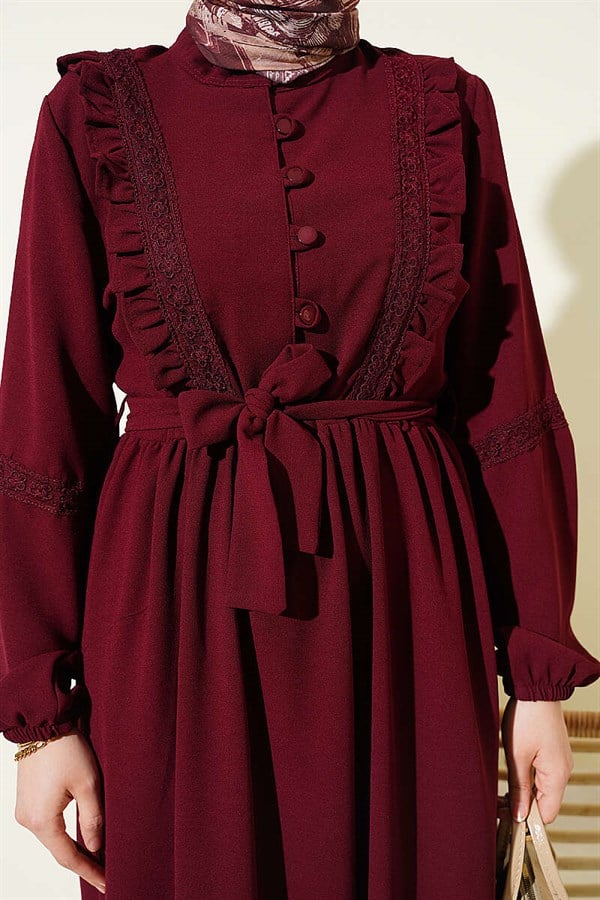 British Buttoned Lace Detail Dress Burgundy
