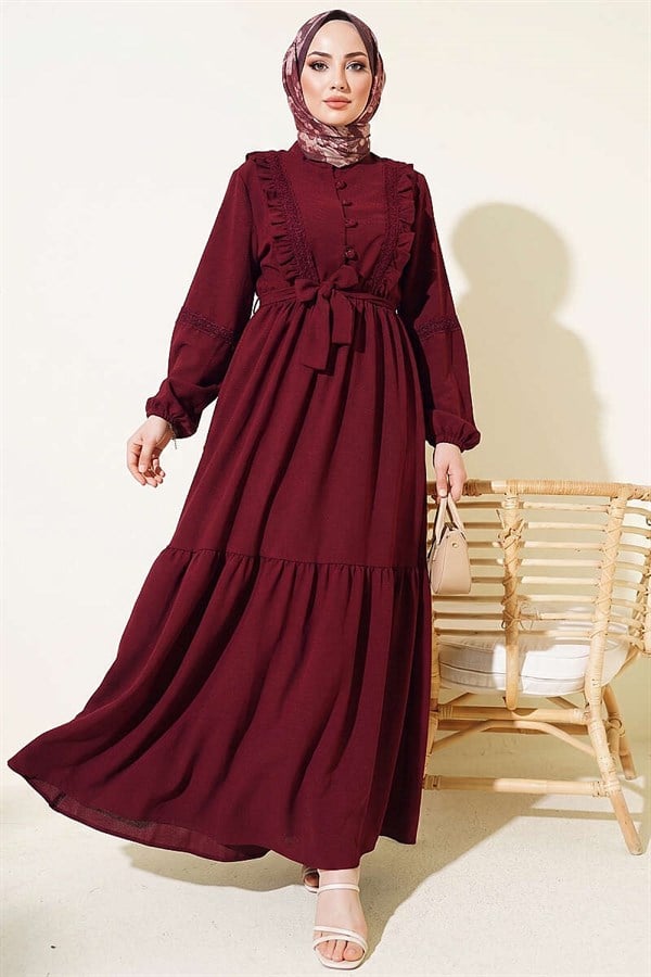 British Buttoned Lace Detail Dress Burgundy