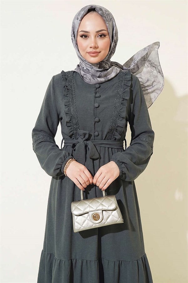 British Buttoned Lace Detail Dress, Smoke Grey